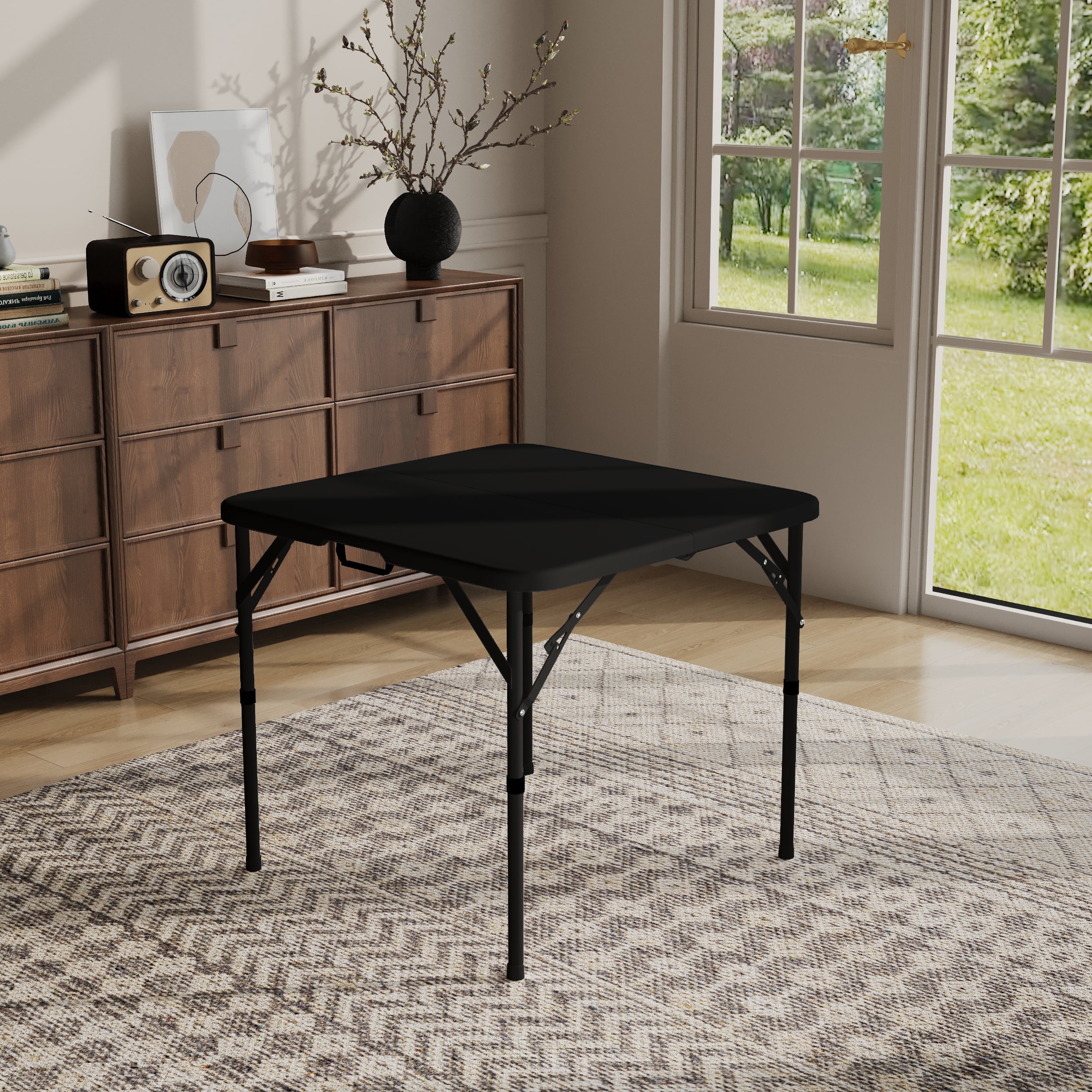 34" Square Folding Table,Fold-In-Half Plastic Card Table,Picnic Party Event Dining Camp Table for Indoor Outdoor,Black