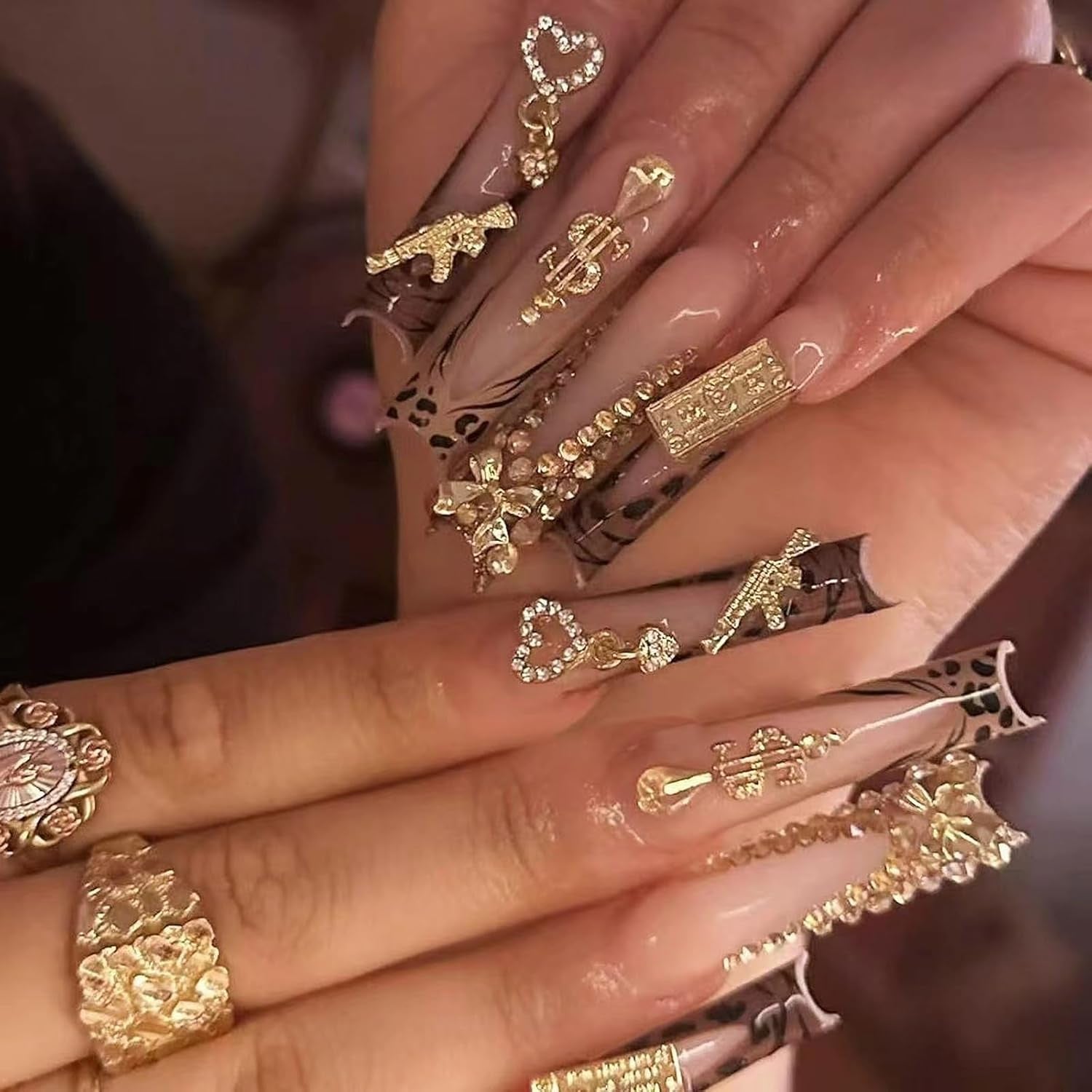 MISUD Long Square Press-On Nails - Black French Tip with Acrylic Flower Rhinestone Design, 24 Pcs