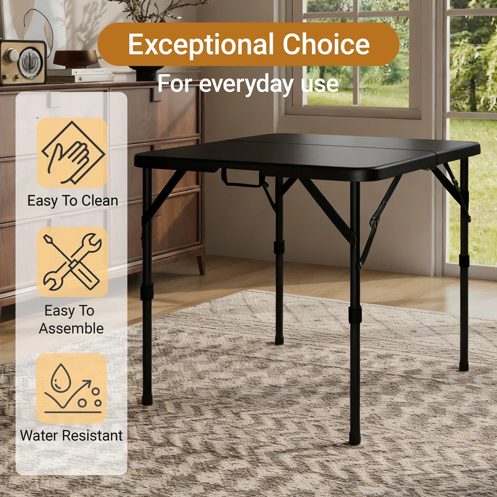 34" Square Folding Table,Fold-In-Half Plastic Card Table,Picnic Party Event Dining Camp Table for Indoor Outdoor,Black