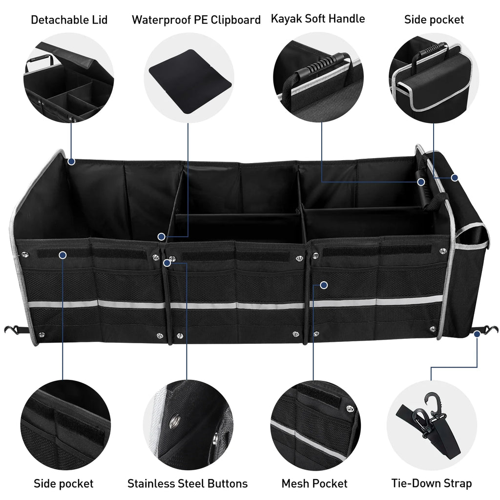Car Storage Organizer, Collapsible Multi Compartment SUV Trunk Organizer with Leakproof Insulated Bag, Adjustable Securing Straps, Foldable Cover, Trunk Storage Box for Car, SUV, Truck, or Van