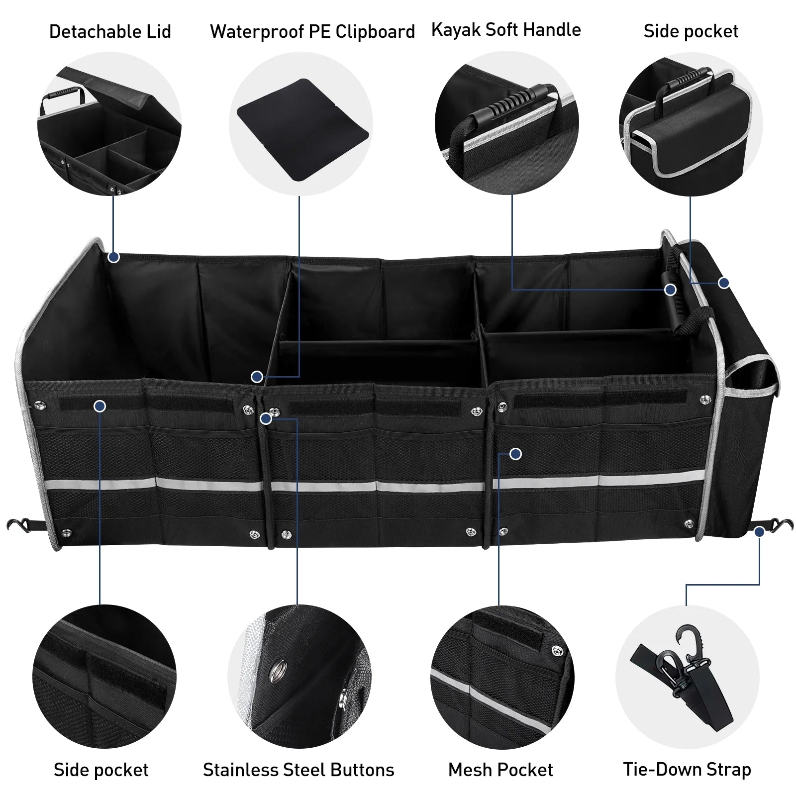 Car Storage Organizer, Collapsible Multi Compartment SUV Trunk Organizer with Leakproof Insulated Bag, Adjustable Securing Straps, Foldable Cover, Trunk Storage Box for Car, SUV, Truck, or Van