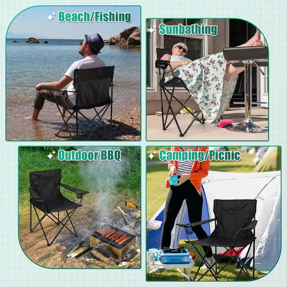 Camping Chair with Cup Holder Black Alloy Steel Chair