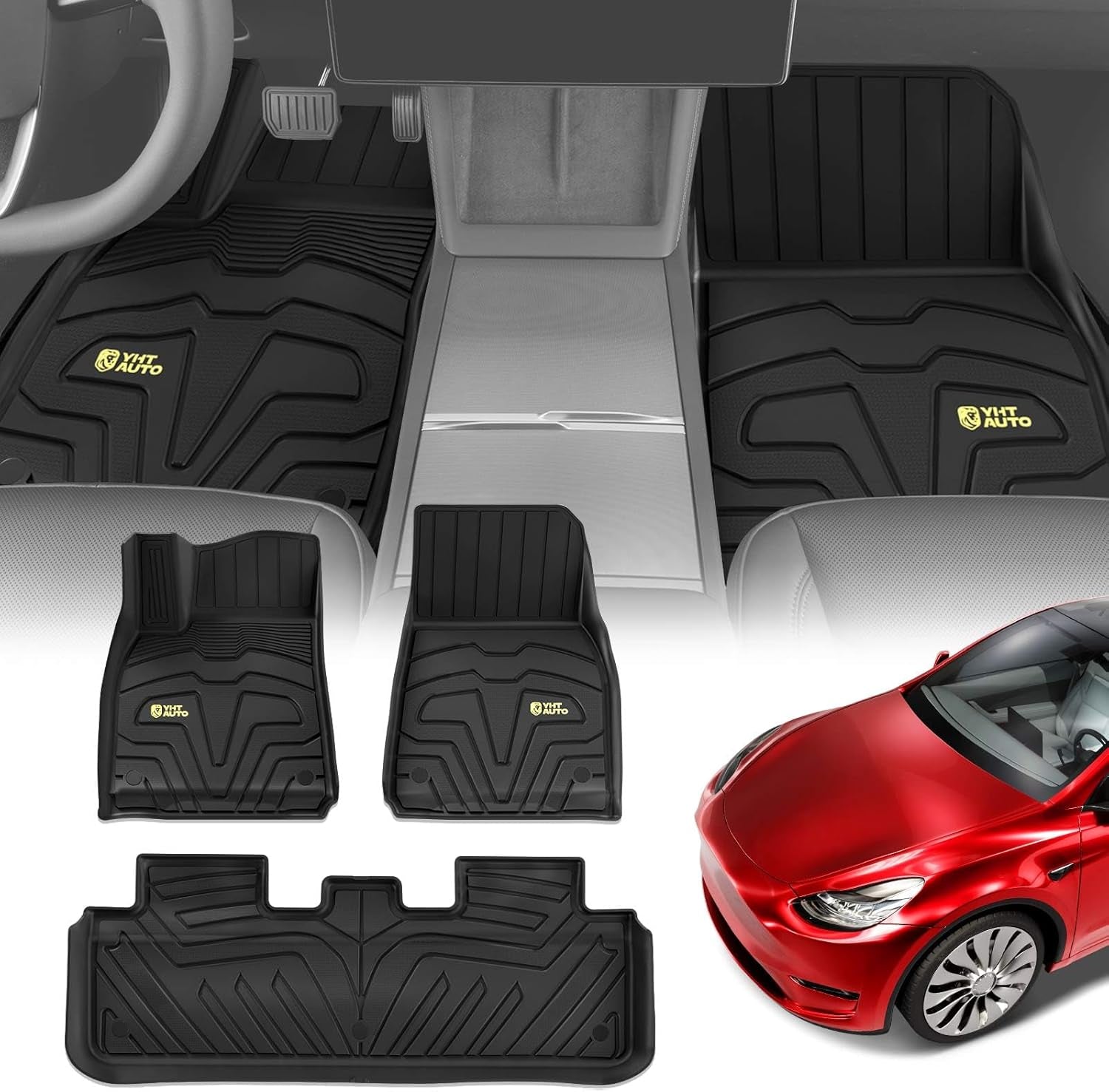 YHTAUTO All-Weather Floor Mats & Cargo Liners for Tesla Model Y (2020-2025) - Set of 6, Black - Perfect Fit for 5-Seat Models (Excludes Juniper)