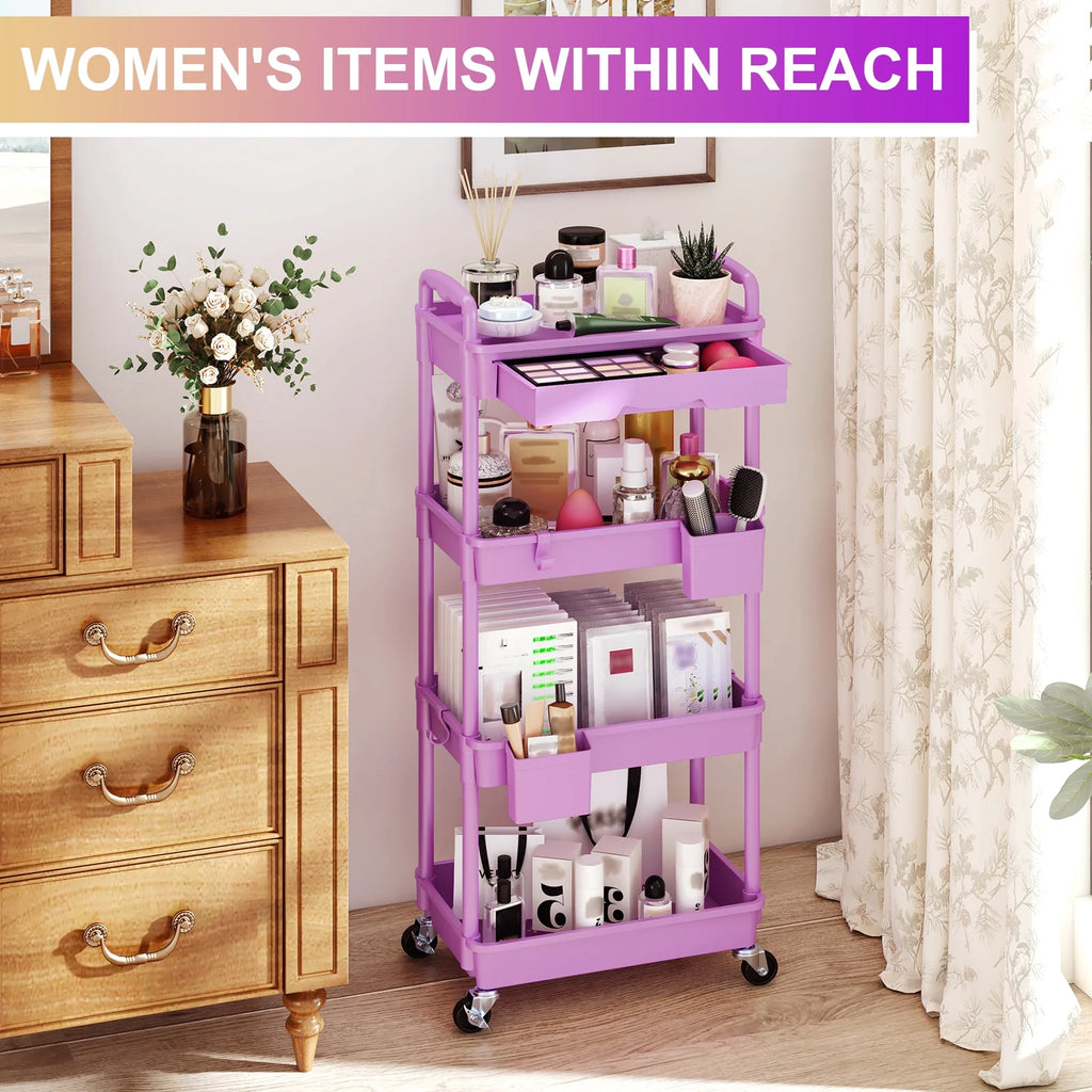 Yeabett 4 Tier Rolling Utility Cart Organizer with Removable Drawer, Mobile Storage Carts with 2 Lockable Wheels for Bathroom, Kitchen, Snack, Craft, Makeup, Baby Essentials，Purple