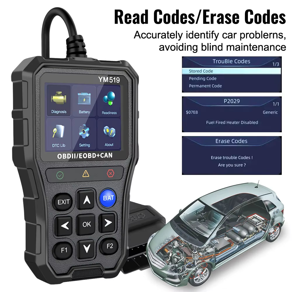 Code Reader Fault Code Scanner Multi-Language YM519 Car Diagnostic Tool OBD2 Code Reader Check Engine System Battery Tester