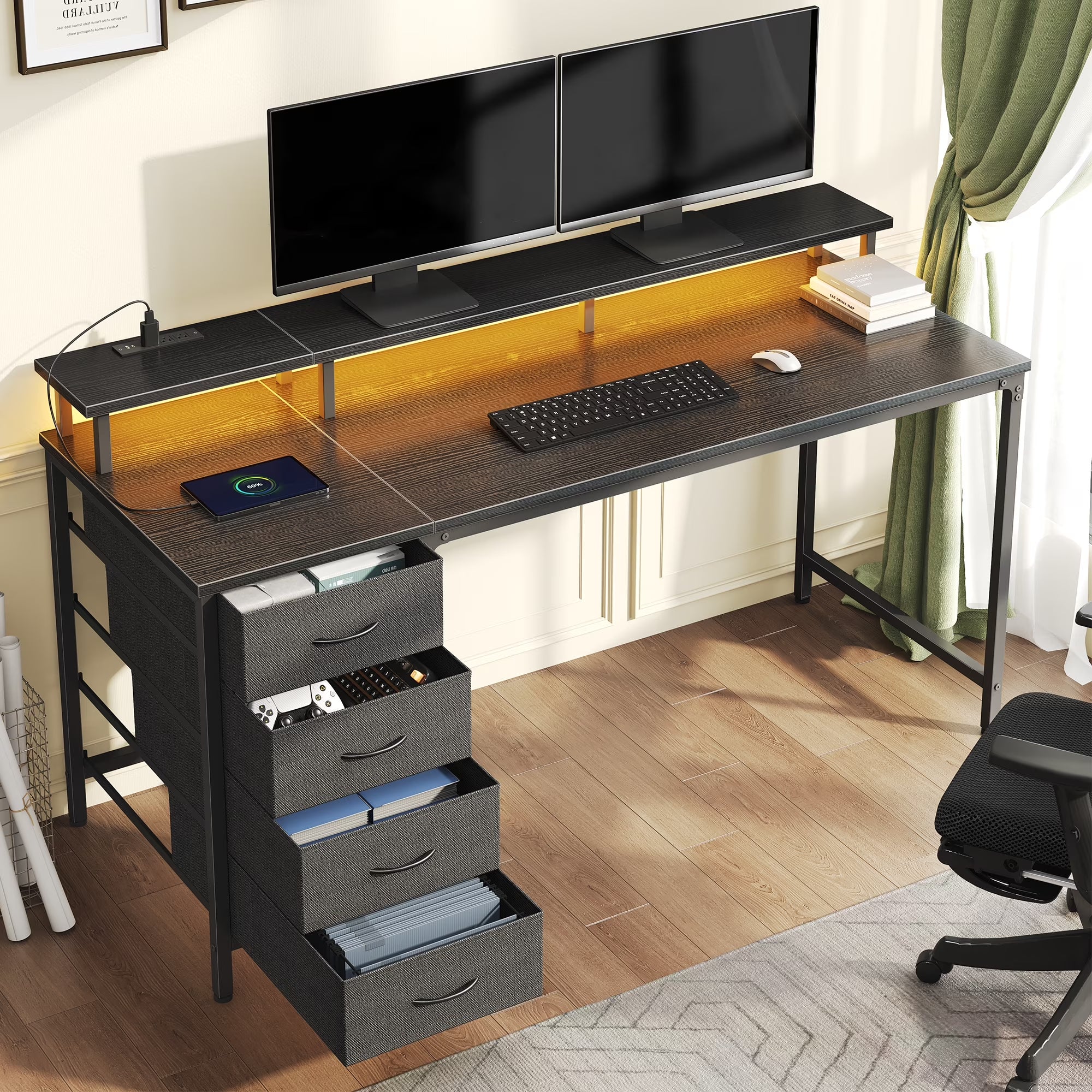 47-Inch Computer Desk with Power Outlets and LED Lights, Gaming Desk with 4 Drawers and Monitor Stand for Small Spaces, Black