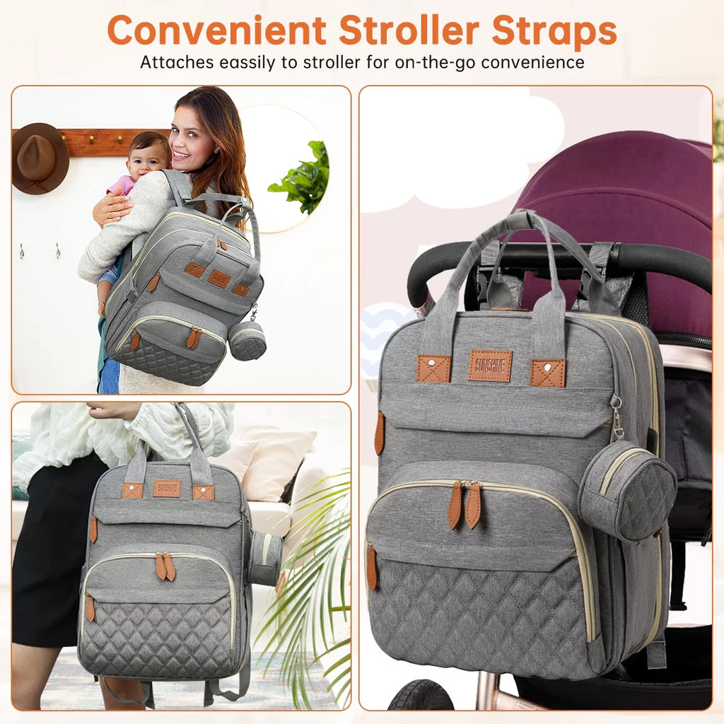 Diaper Bag Backpack, Multifunction Diaper Bag Backpack with Changing Station, USB Charging Port & Foldable Crib, Large Capacity Travel Backpack W/Sunshade&Pacifier Case&Stroller Straps(Grey)