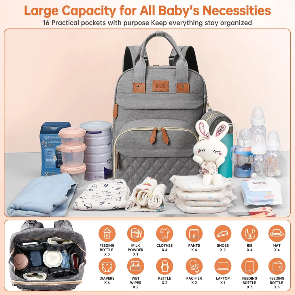 Diaper Bag Backpack, Multifunction Diaper Bag Backpack with Changing Station, USB Charging Port & Foldable Crib, Large Capacity Travel Backpack W/Sunshade&Pacifier Case&Stroller Straps(Grey)