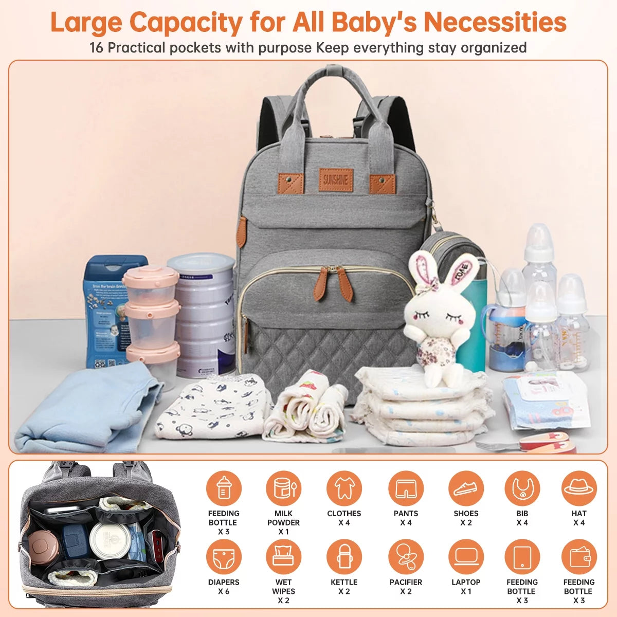Diaper Bag Backpack, Multifunction Diaper Bag Backpack with Changing Station, USB Charging Port & Foldable Crib, Large Capacity Travel Backpack W/Sunshade&Pacifier Case&Stroller Straps(Grey)
