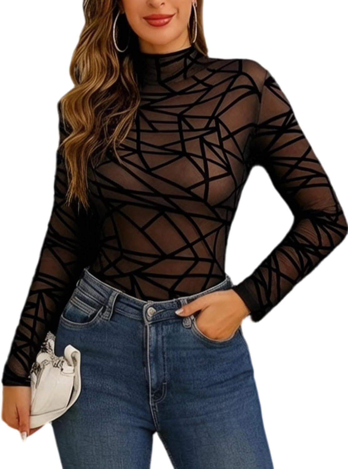 Aranmei Long Sleeve Bodysuit for Women Mesh Bodysuit Turtleneck Sheer Tops Geo Print Leotards S-XXL