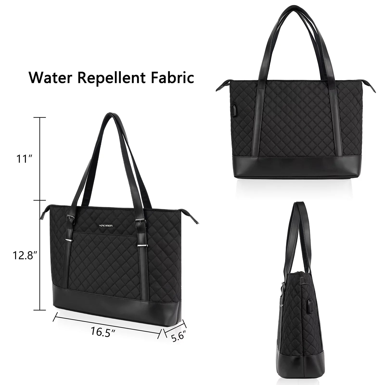 KROSER 15.6" Quilt Laptop Tote Bag, Computer Shoulder Bag, Black