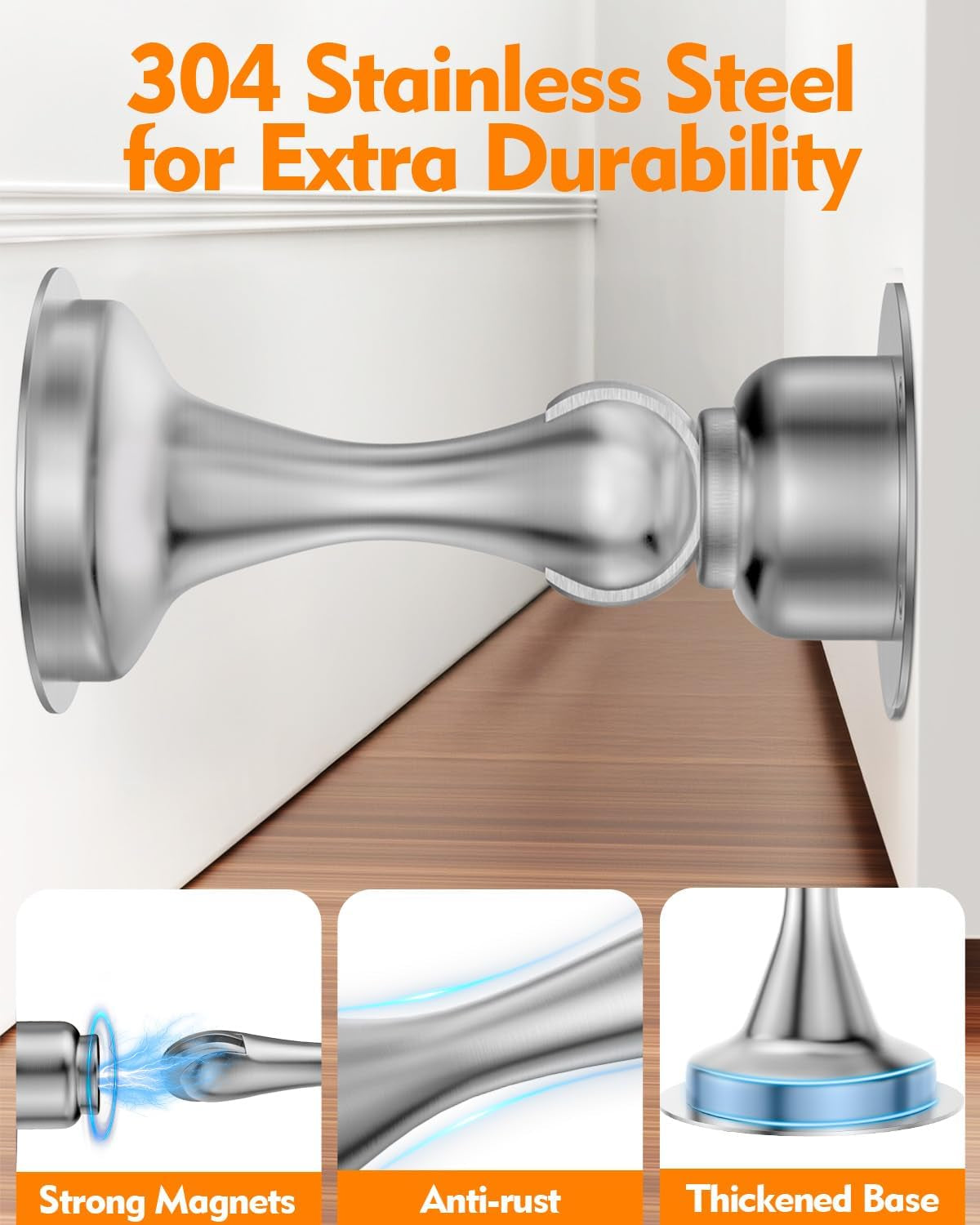 Magnetic Door Stoppers - 2 Pack Stainless Steel with No-Drill Adhesive for Strong Hold - Perfect for Wide Doors