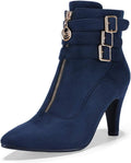 IDIFU Women'S Pointed Toe Metal Buckle Two Strap Ankle Booties Side Zipper Kitten Heel Dress Classic Short Boots