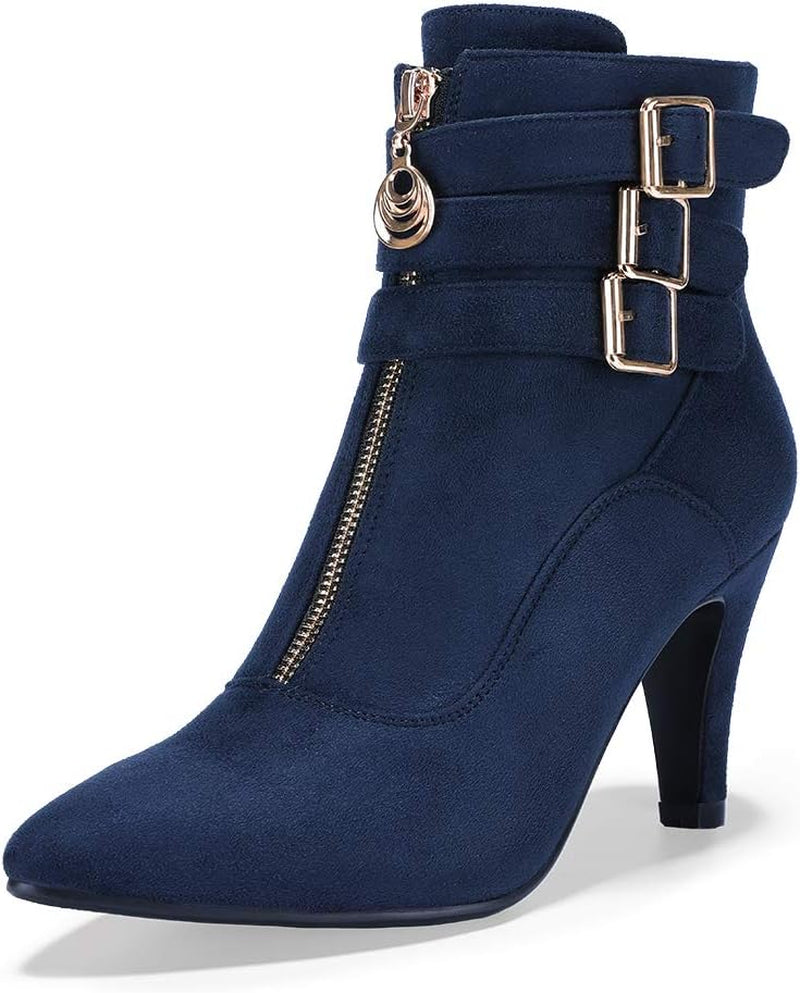 IDIFU Women'S Pointed Toe Metal Buckle Two Strap Ankle Booties Side Zipper Kitten Heel Dress Classic Short Boots