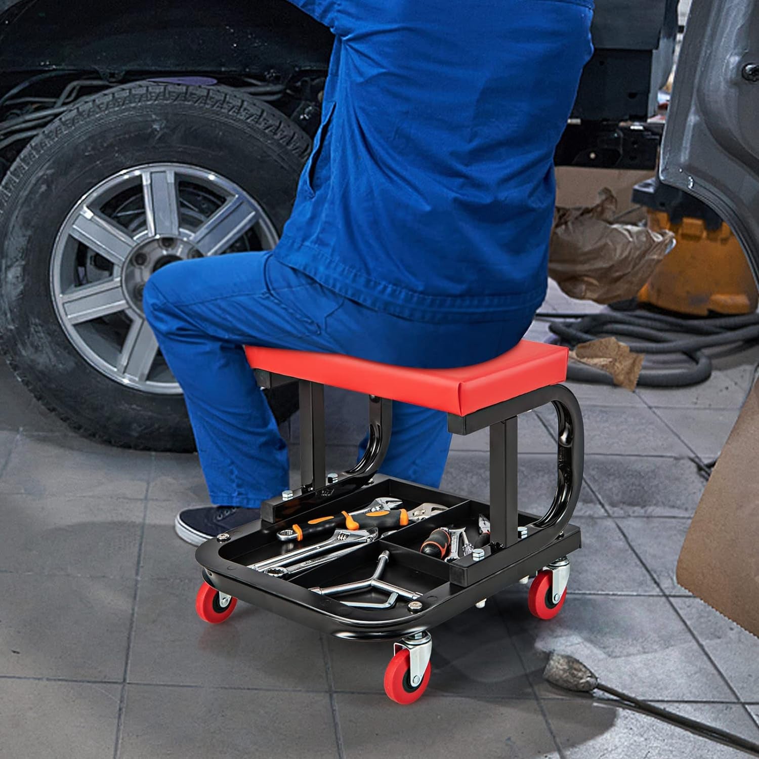 Goplus Mechanic Stool with Wheels, 22.5”-27.5” Adjustable Rolling Garage Stool with Padded Seat, 330LBS Capacity, Tool Tray, Heavy Duty Creeper Seat, 360° Swivel Shop Chair for Workshop