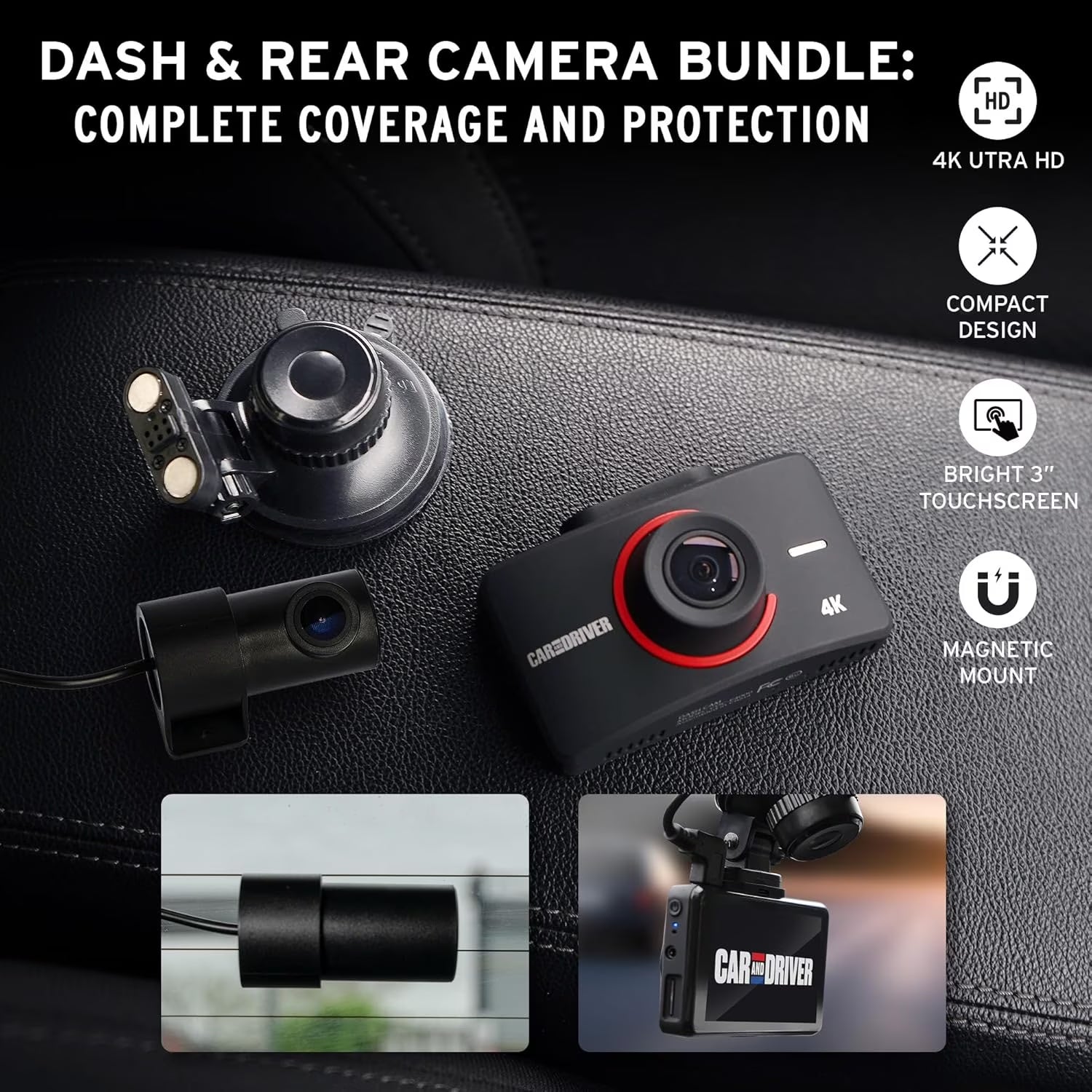 Car and Driver 1080P Full HD Dual View Dash Cam | Front, Rear-View Camera Combo with Sony IMX Sensor, High Dynamic, Range, ADAS Alerts, Night Vision | Blindspot Car Camera with 150 Degree Angle Lens
