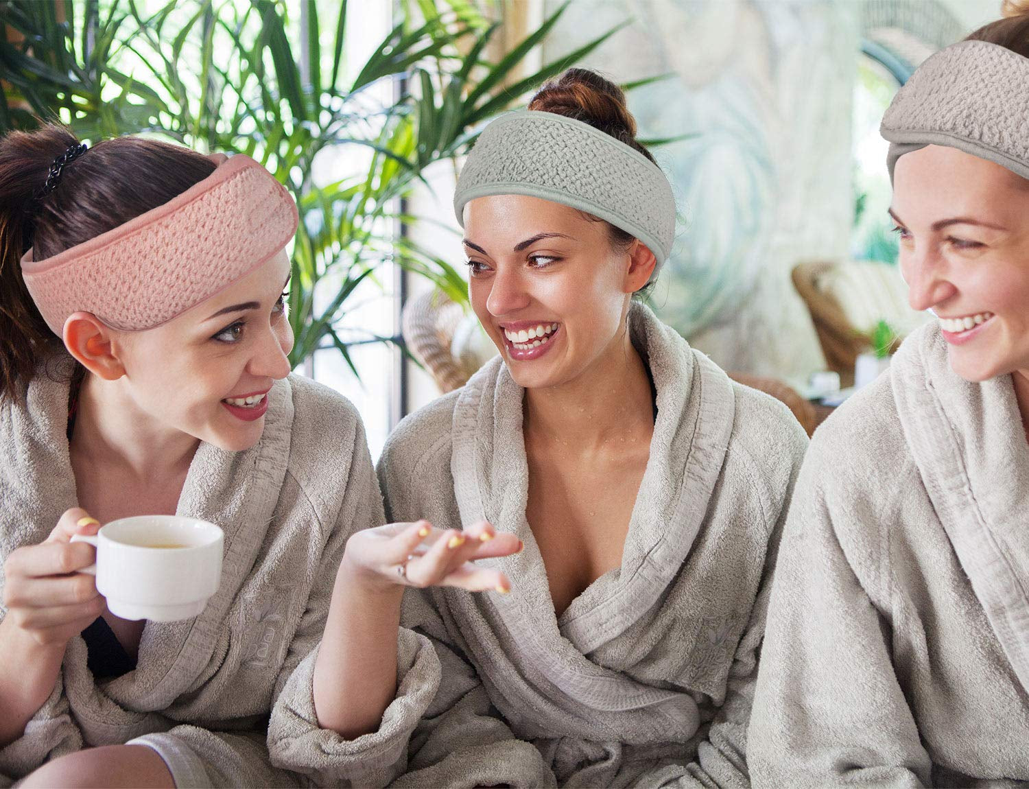 Whaline 4 Pack Adjustable Spa Facial Headbands - Soft Towel Hair Wraps for Makeup, Face Washing, Shower & Yoga (Pea Green, Pink, Beige, Light Gray)