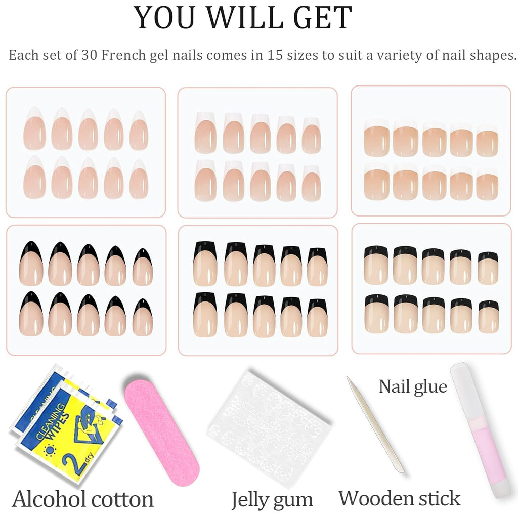 Stylish 6 Pack French Tip Press-On Nails - Almond, Square & Coffin Shapes in Elegant White & Bold Black, Complete with Glue!