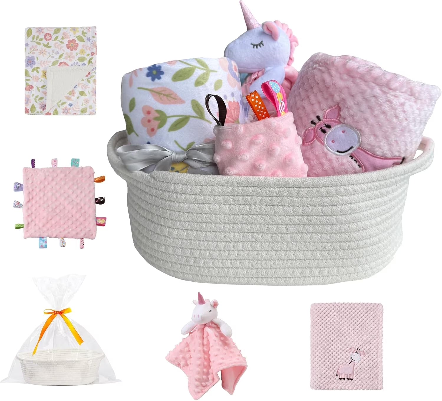 CREVENT Set for Girls -Diaper Caddy Organizer Basket with 2 Blankets, 1 Taggie, 1 Lovey, 3 Socks，1 Headband，1 Gift Bag with Ribbon - Newborn Essential Gift Set (Pink)