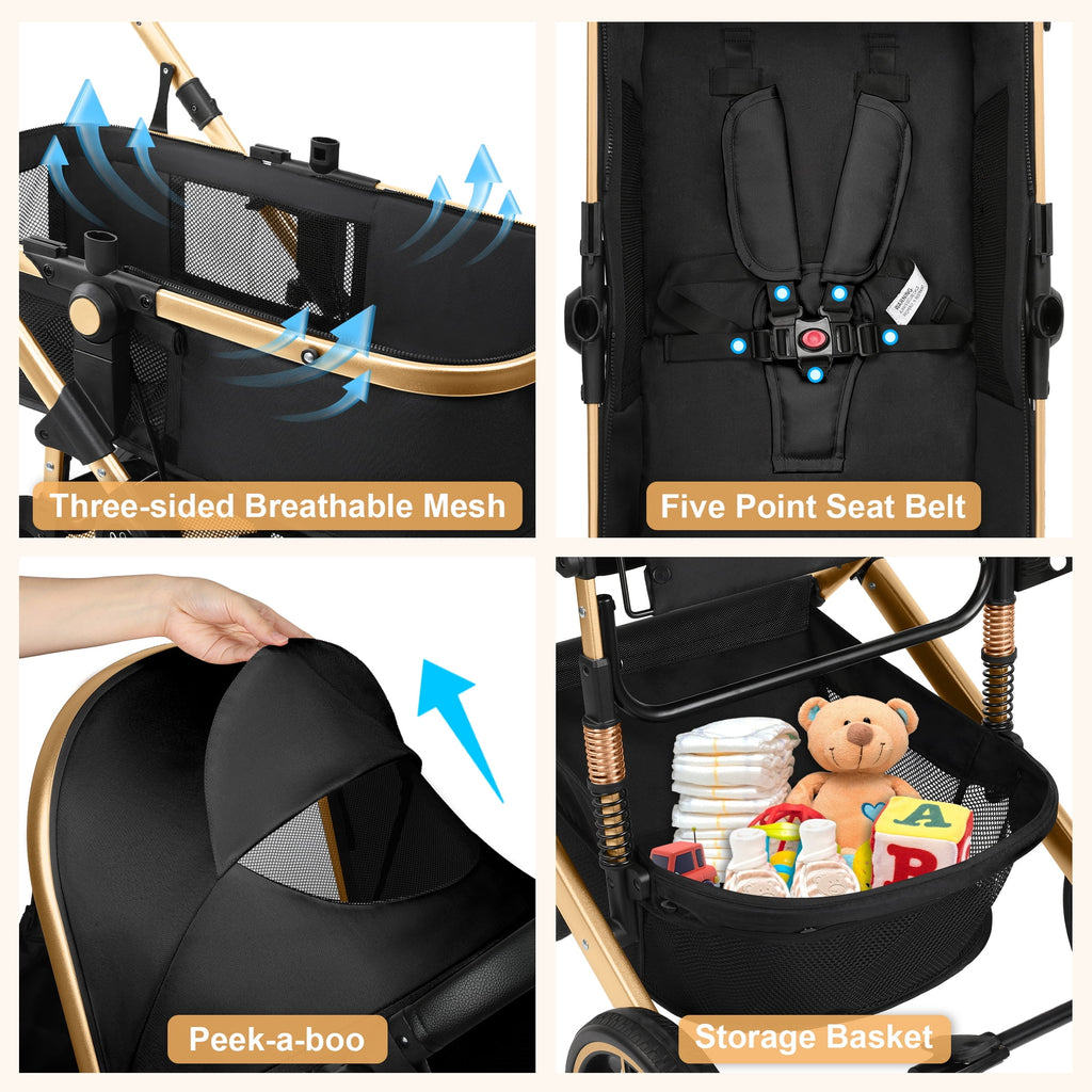 Vomeast Baby Stroller, Foldable Aluminum Alloy Stroller with Reversible, Travel Stroller for Newborn Infant, Black
