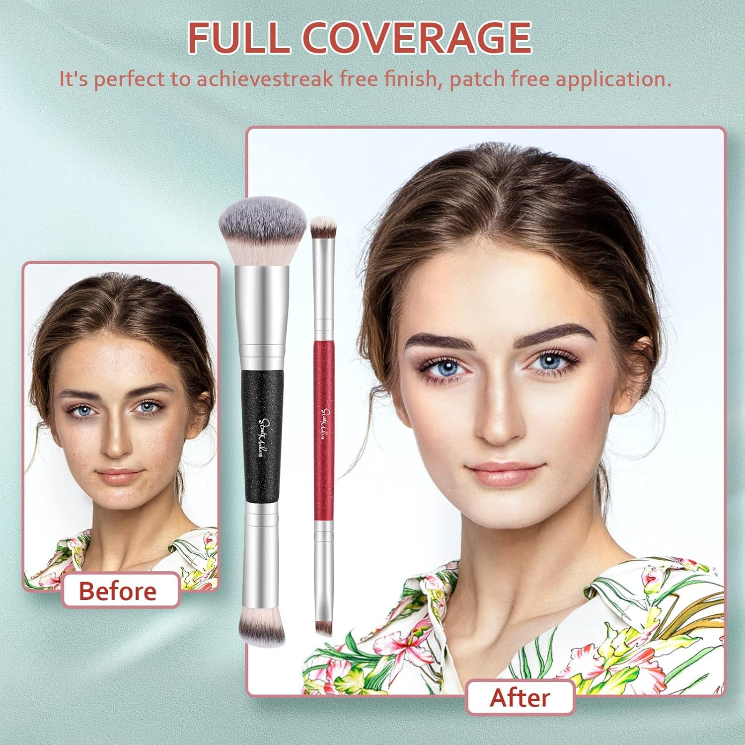 Makeup Brushes Dual-Ended Foundation Brush - START MAKERS 2-In-1 Concealer Brush Face Eyebrow Eyeshadow Brush for Liquid, Powder, Buffing, Blending, Contouring Foundation Make up Brushes(2Pcs)