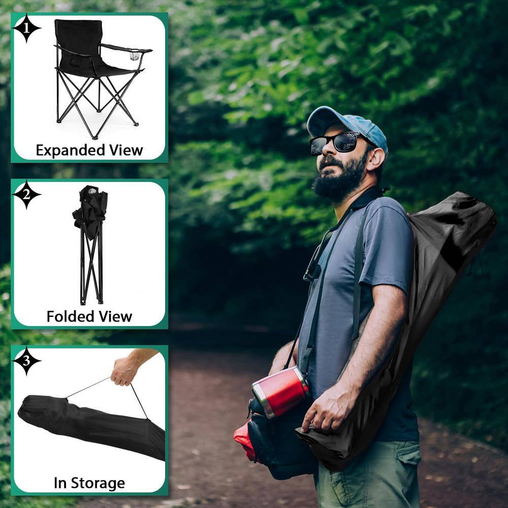 Camping Chair with Cup Holder Black Alloy Steel Chair