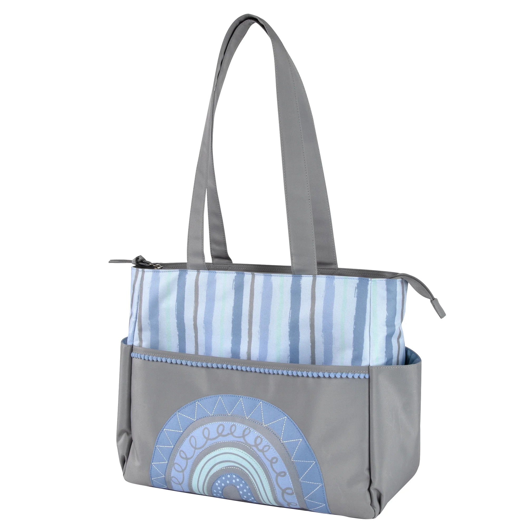 Baby Essentials 14.5"L Rainbow 5 Piece Multi-Pocket Diaper Bag Tote with Matching Changing Pad, Baby Wipes Case, Insulated Bottle Bag & Organizer Pouch for Newborns, Infants & Toddlers in Blue & Gray