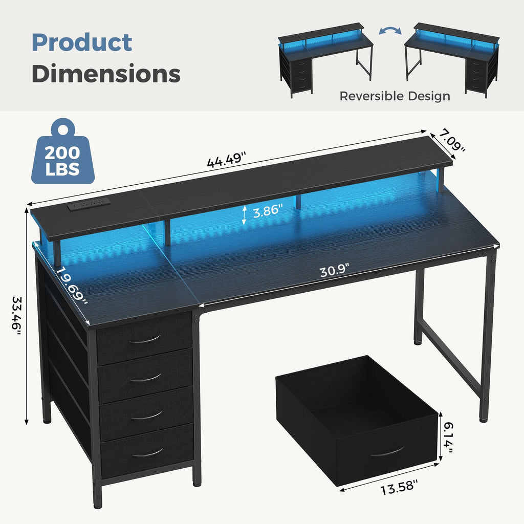 47-Inch Computer Desk with Power Outlets and LED Lights, Gaming Desk with 4 Drawers and Monitor Stand for Small Spaces, Black