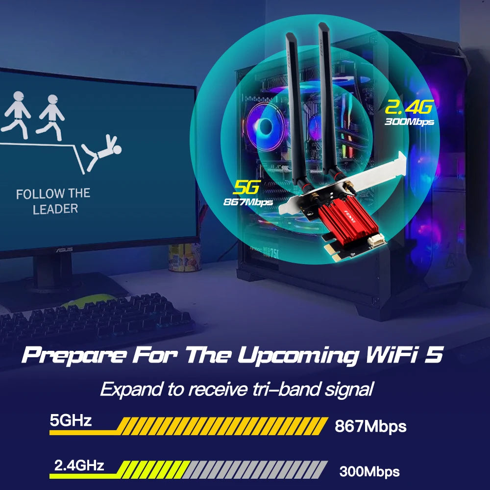 FENVI Wifi 5 PCIE Wifi Adapter AC1200 Wireless Network Card Dual Band 2.4G/5Ghz 802.11AC for Bluetooth 4.0 Desktop Windows 10/11