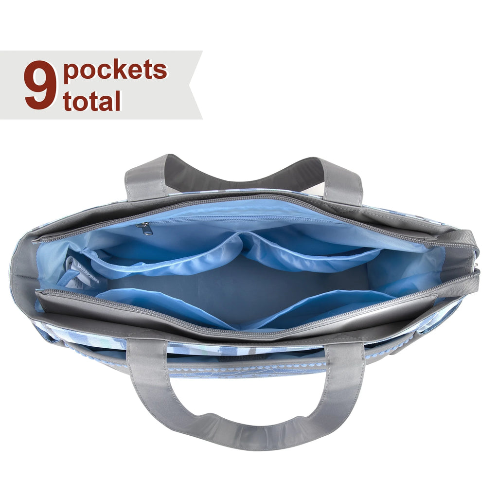 Baby Essentials 14.5"L Rainbow 5 Piece Multi-Pocket Diaper Bag Tote with Matching Changing Pad, Baby Wipes Case, Insulated Bottle Bag & Organizer Pouch for Newborns, Infants & Toddlers in Blue & Gray
