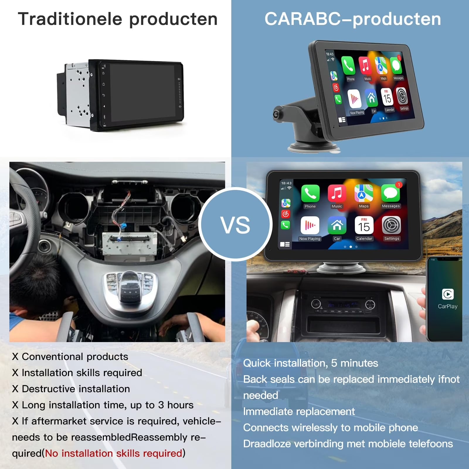 Carabc D7 Pro Portable Wireless Car Stereo with 7" Touchscreen, Carplay, Android Auto, Rear Camera