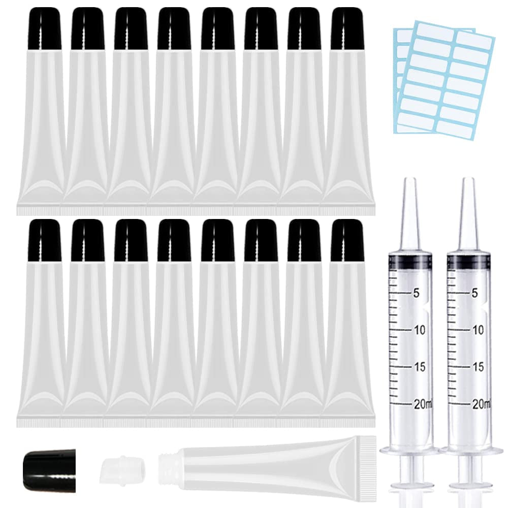 AMORIX 50PCS Empty Lip Gloss Tubes with Black Caps - 20ml Containers + 2 Syringes & Labels for DIY Lip Gloss and Glitter Creations