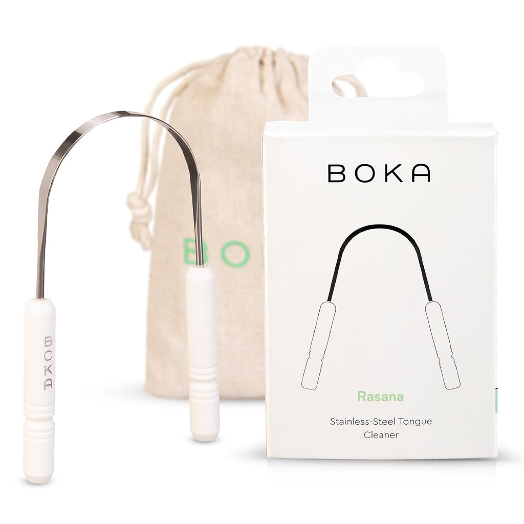 Boka Tongue Scraper for Adults & Kids with Case - Stainless Steel Tongue Cleaner W/Linen Travel Pouch - Scrubber to Remove Tongue Buildup and Freshens Breath (Pack of 1)