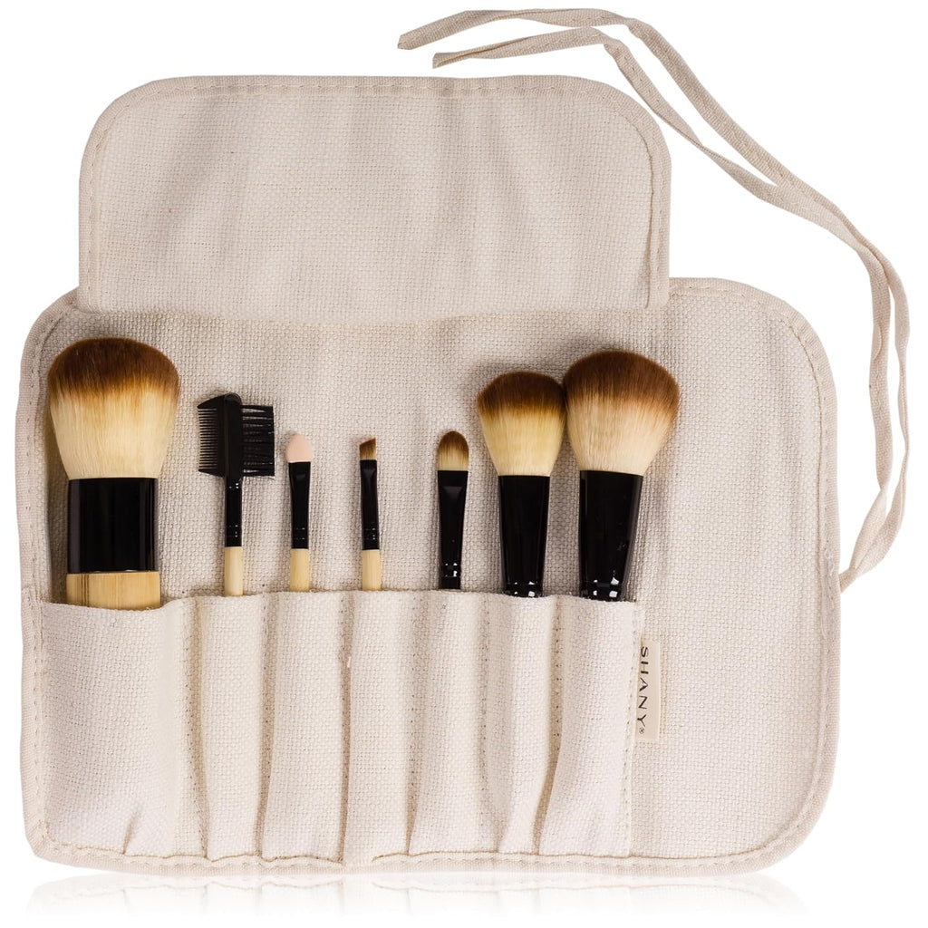 SHANY Vegan Bamboo Makeup Brush Set - 7 Professional Brushes with Premium Synthetic Hair & Stylish Cotton Pouch for Easy Storage