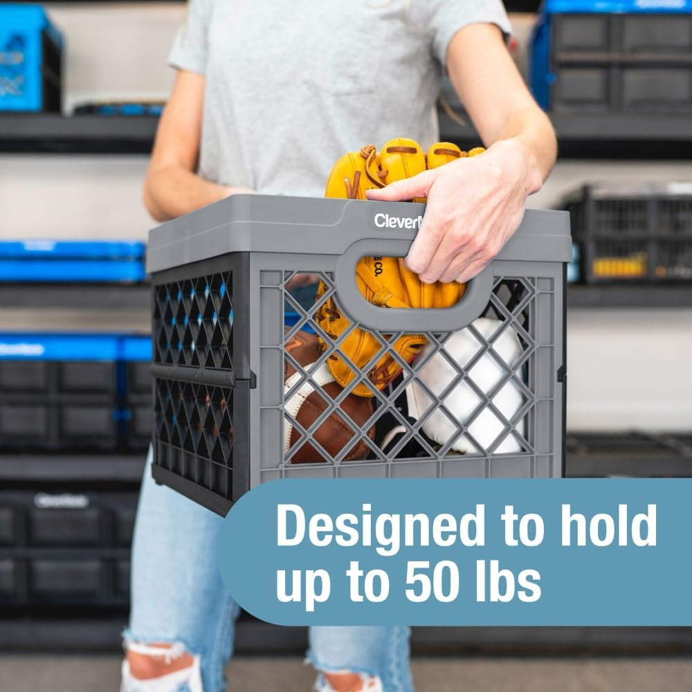 Clevermade Heavy Duty Collapsible Milk Crate - 25L (6.6 Gal) Stackable Storage Solution with File Rails - Obsidian Color