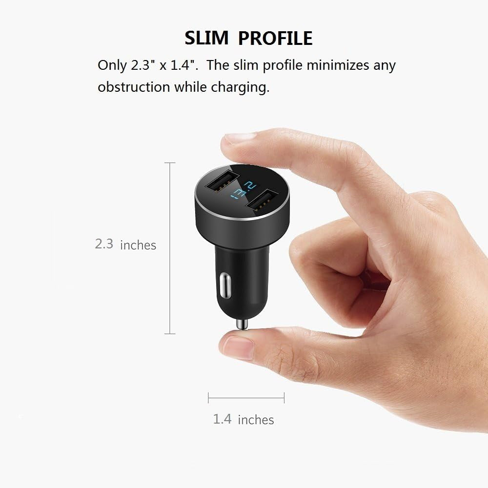 LIHAN 2 USB Car Charger,12V/24V Voltage Meter, Output 4.8A, Cigarette Lighter Plug Adapter Compatible with Iphone,Ipad, Samsung, USB Charging Devices, Black
