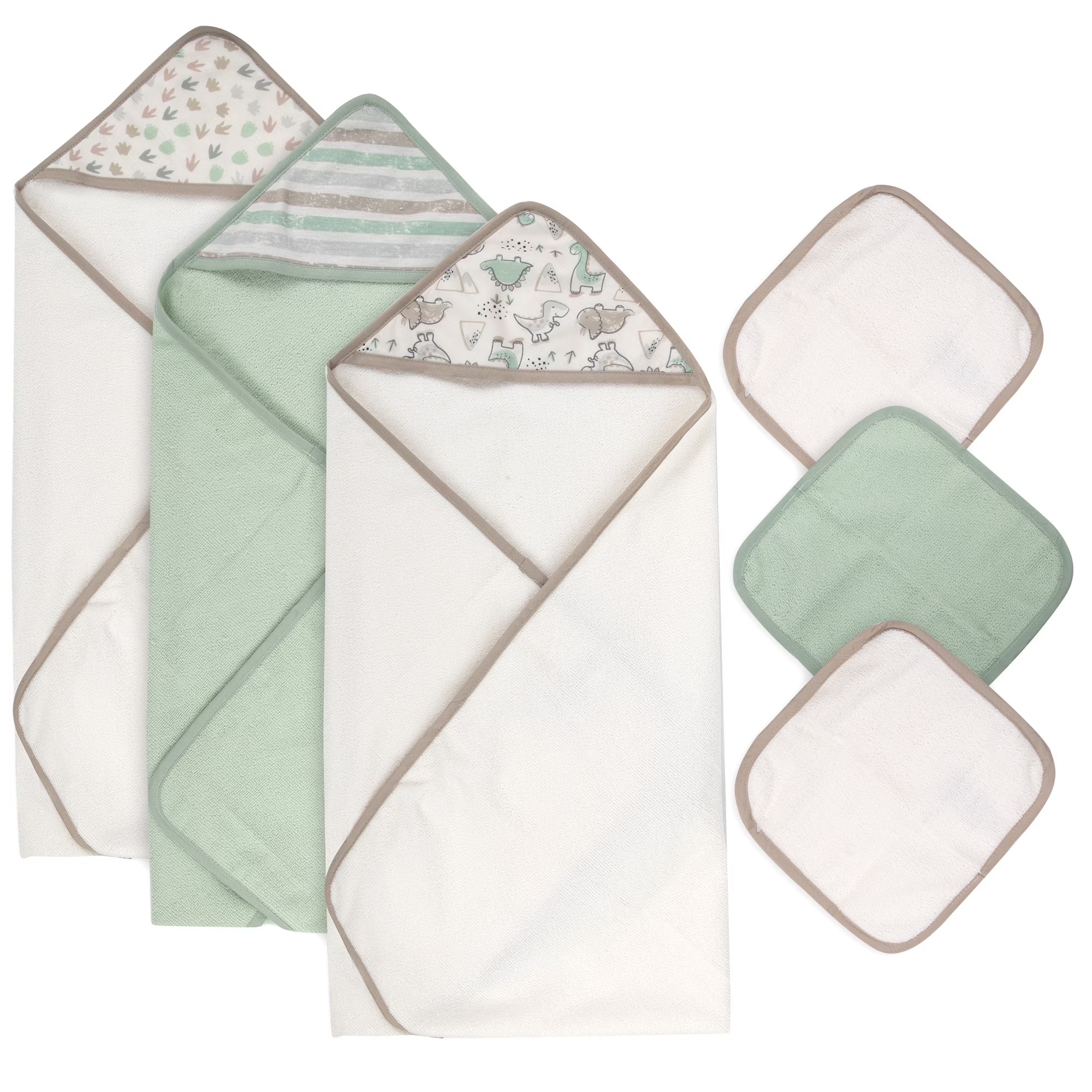 Baby Essentials 6 Piece Hooded Bath Towel Washcloth Set for Infant, Newborns, Toddlers 3 – 24 Months for Bath Time, Showers, Lounge, Beach, Pool in Dinosaurs & Stripes