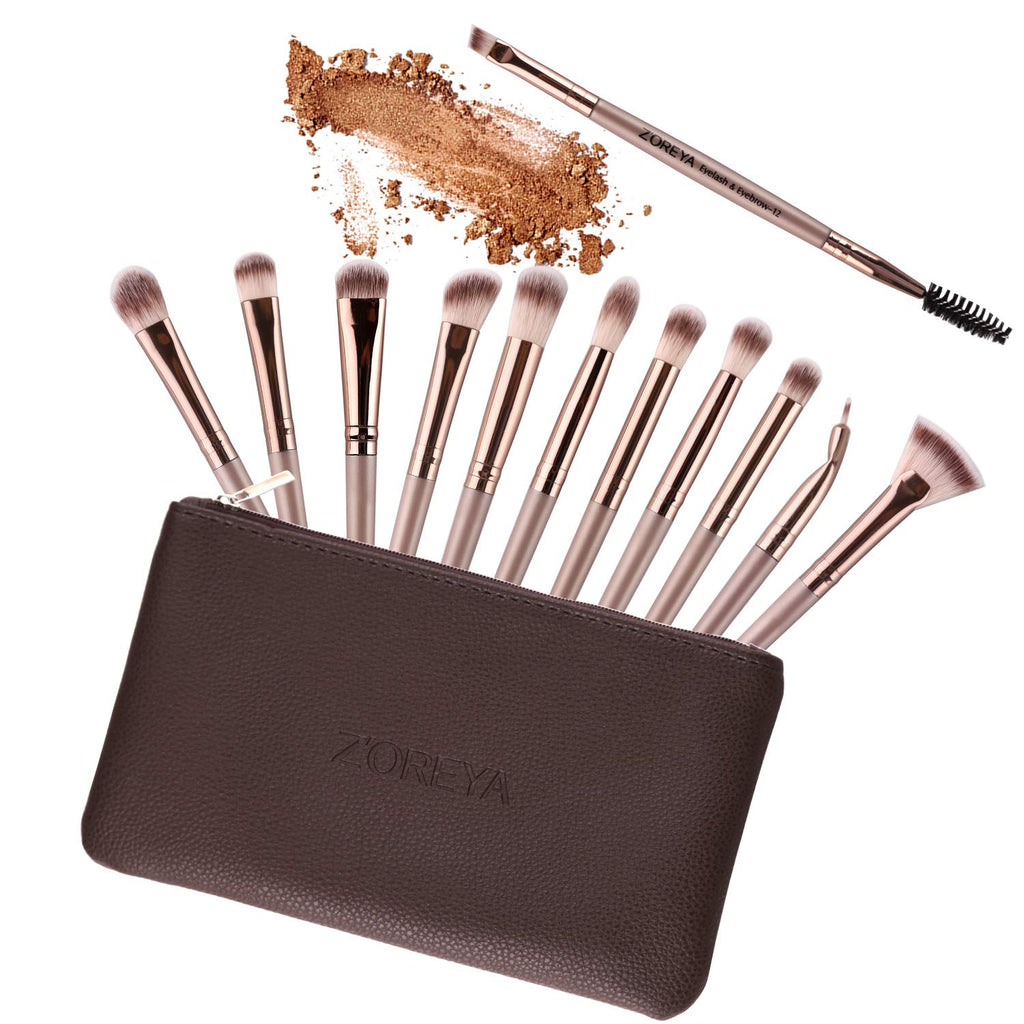 Z'OREYA Eye Makeup Brushes, 12 Pcs Professional Eye Brush Set Eyeshadow, Eyebrow, Blending, Fan, Eyelash Brush Set with Carrying Bag(Champagne Gold)