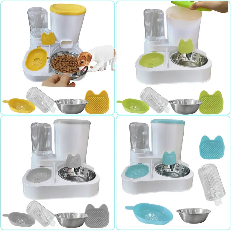 Automatic Pet Feeder and Water Dispenser with Integrated Round Plastic Bowl for Cat Food Storage