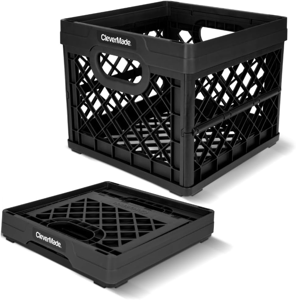 Clevermade Heavy Duty Collapsible Milk Crate - 25L (6.6 Gal) Stackable Storage Solution with File Rails - Obsidian Color