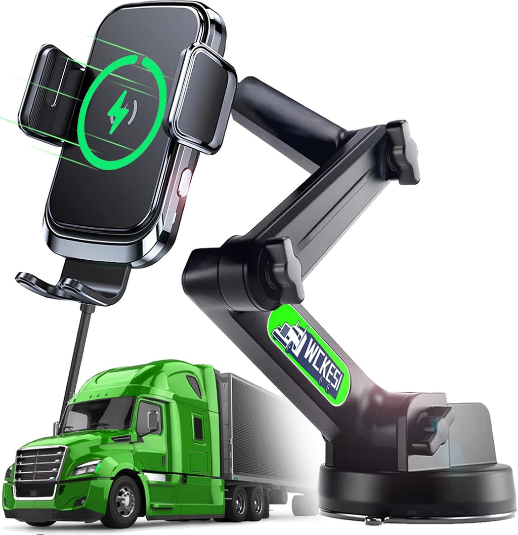 Truck Phone Holder Wireless Car Charger Mount, 15W Fast Charging Vacuum Phone Holder 14 Inch Long Arm Heavy Duty Pickup Windshield and Dashboard, Trucks Accessories for Iphone Samsung LG