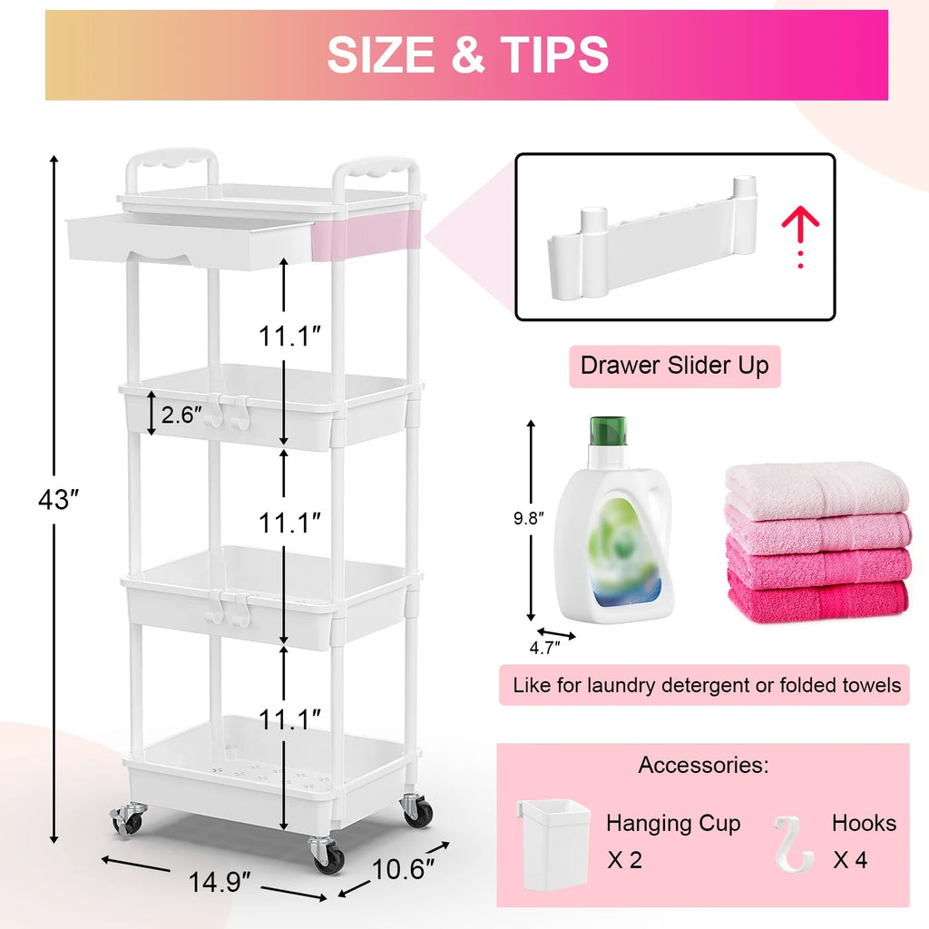 Yeabett 4 Tier Rolling Utility Cart Organizer with Removable Drawer, Mobile Storage Carts with 2 Lockable Wheels for Bathroom, Kitchen, Snack, Craft, Makeup, Baby Essentials, White