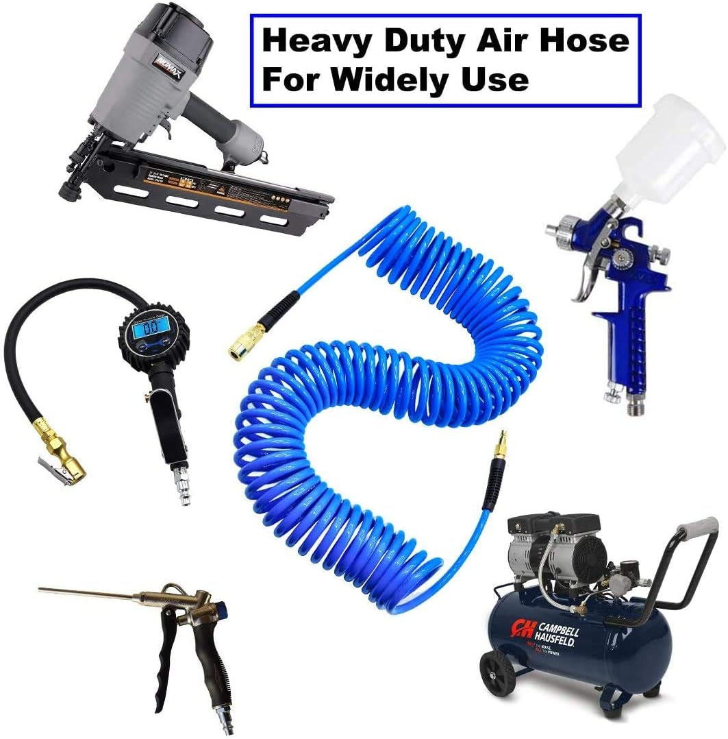 YOTOO 25' Polyurethane Air Compressor Hose - 1/4" Inner Diameter with Bend Restrictor & Quick Coupler - Durable Blue Design