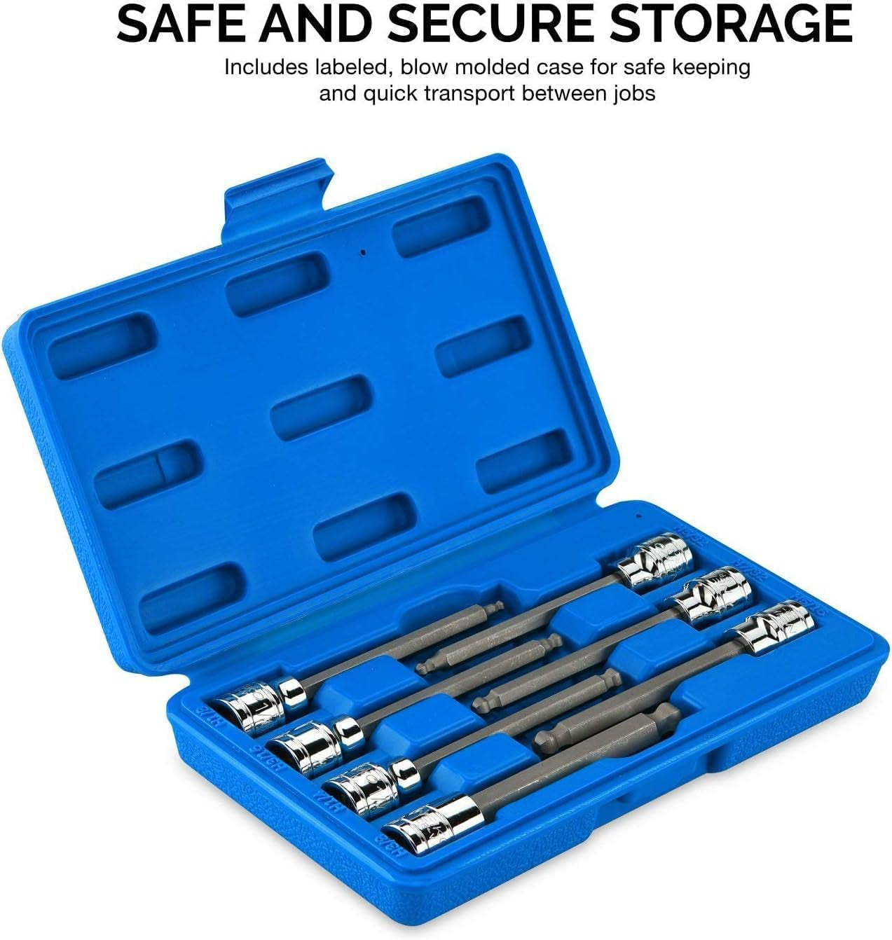 Neiko 10072A 7-Piece Extra Long Allen Hex Bit Socket Set - 3/8-Inch Drive, SAE, Durable S2 & Cr-V Steel, 1/8-Inch to 3/8-Inch