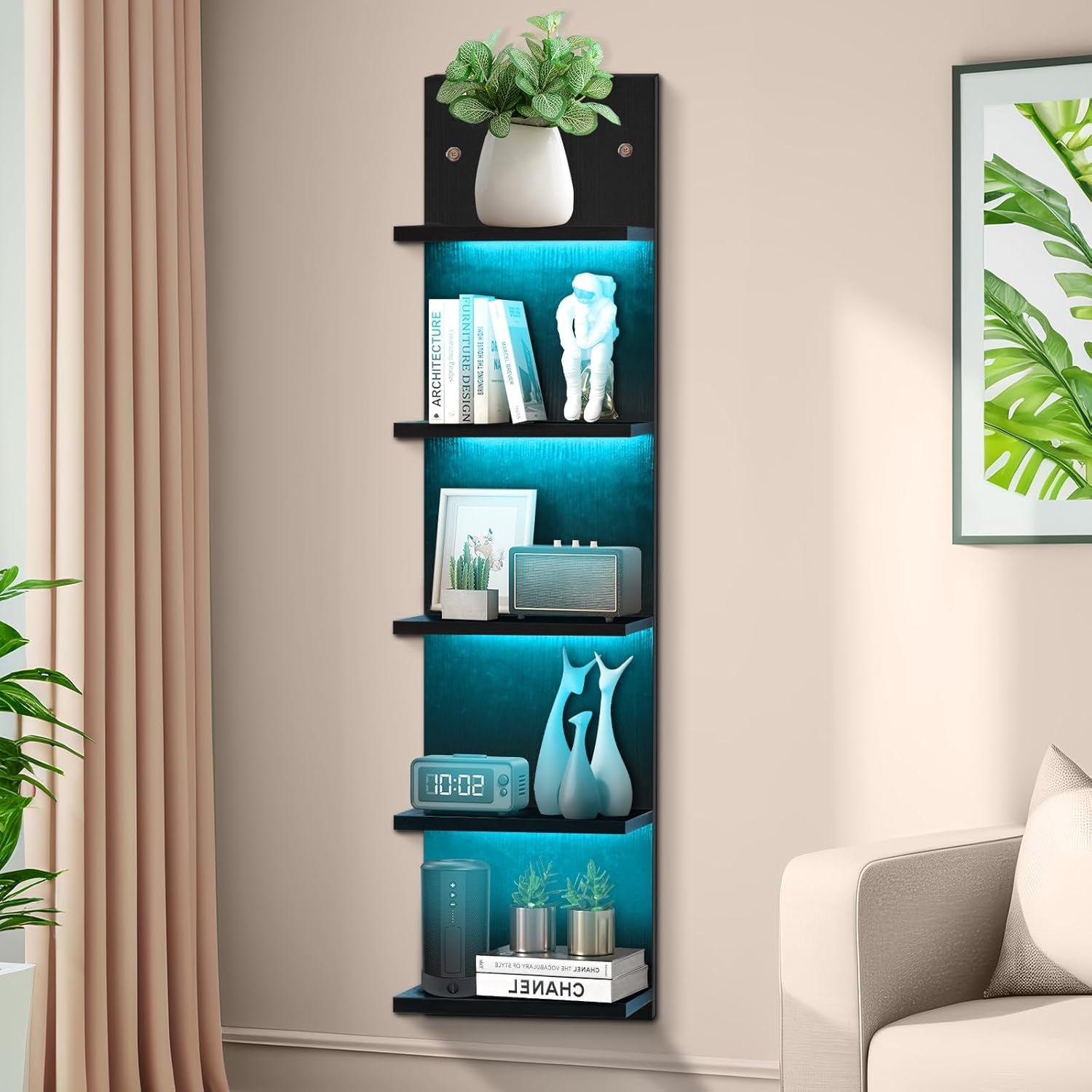 5-Tier Black Floating Wall Shelf with RGB LED Lighting for Bedroom Decor