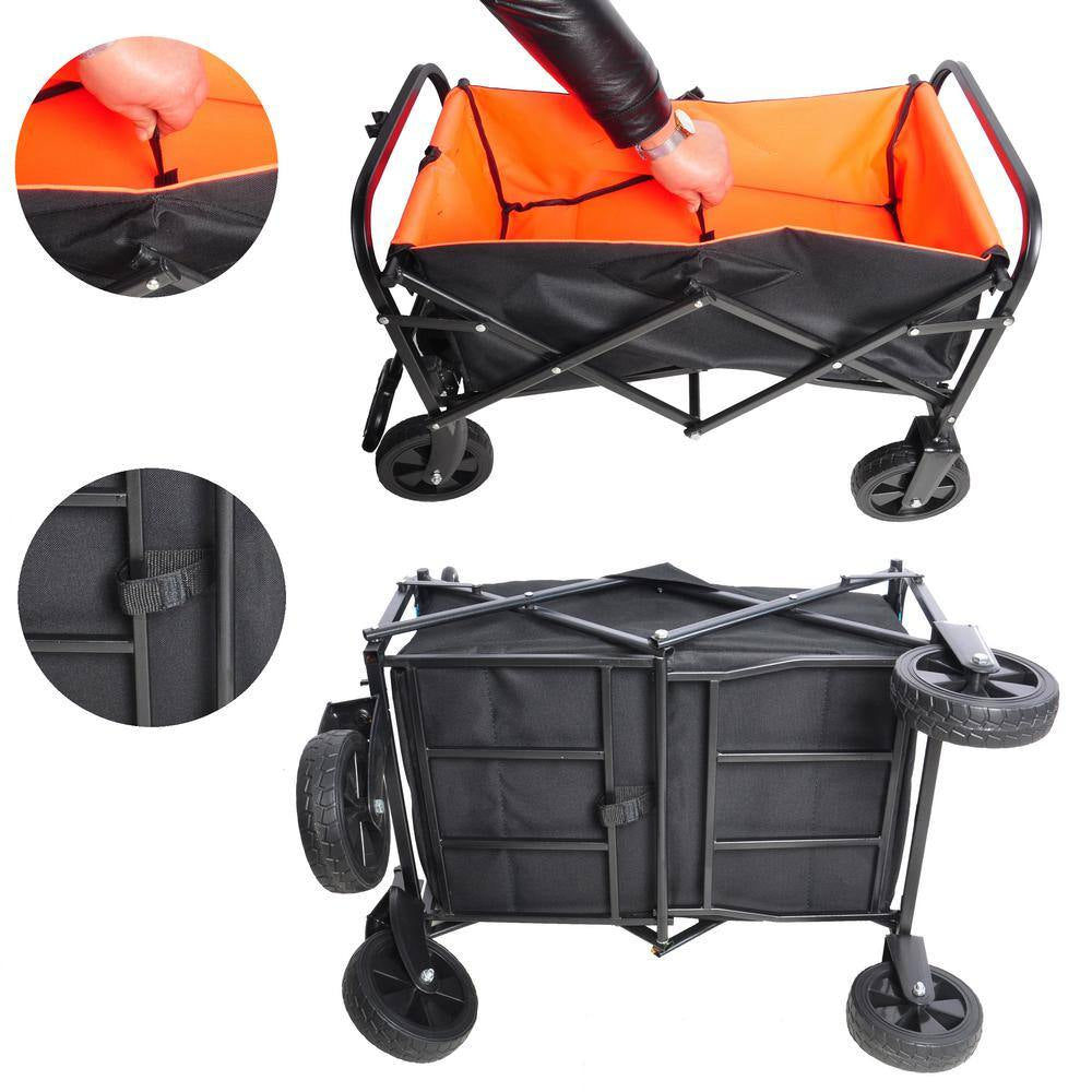 1.4 Cu.Ft. Outdoor Folding Steel Garden Cart Utility Wagon Cart with Adjustable Handle, Black plus Organge