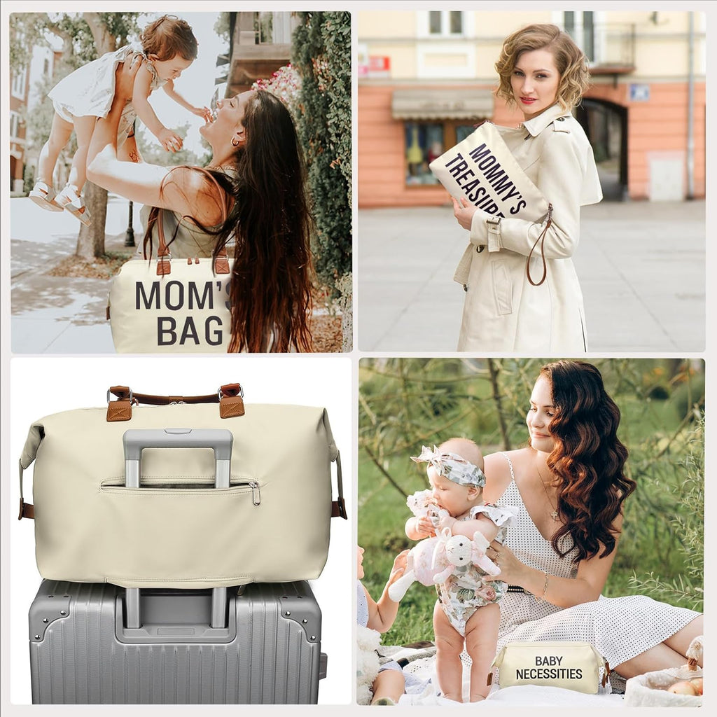 Printe Diaper Bag Tote, Mom'S Bag for Hospital, Large Capacity Waterproof Baby Mom Travel, Hospital Tote for Labor and Delivery with Baby Necessities, Creamy White