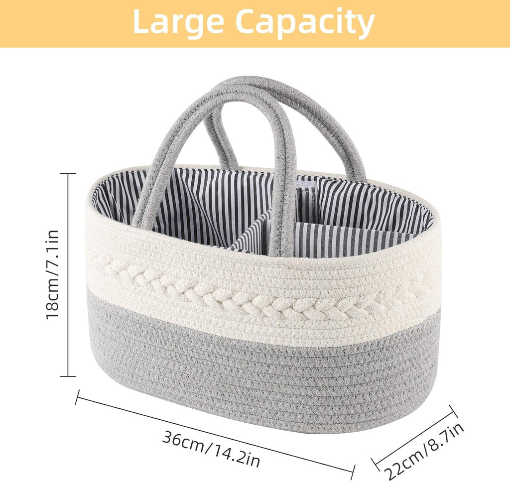 Baby Diaper Caddy Organizer, Portable Diaper Caddy Basket for Baby Boys and Girls, Cotton Rope Diaper Basket Organizer - Baby Basket with Compartments (Grey)