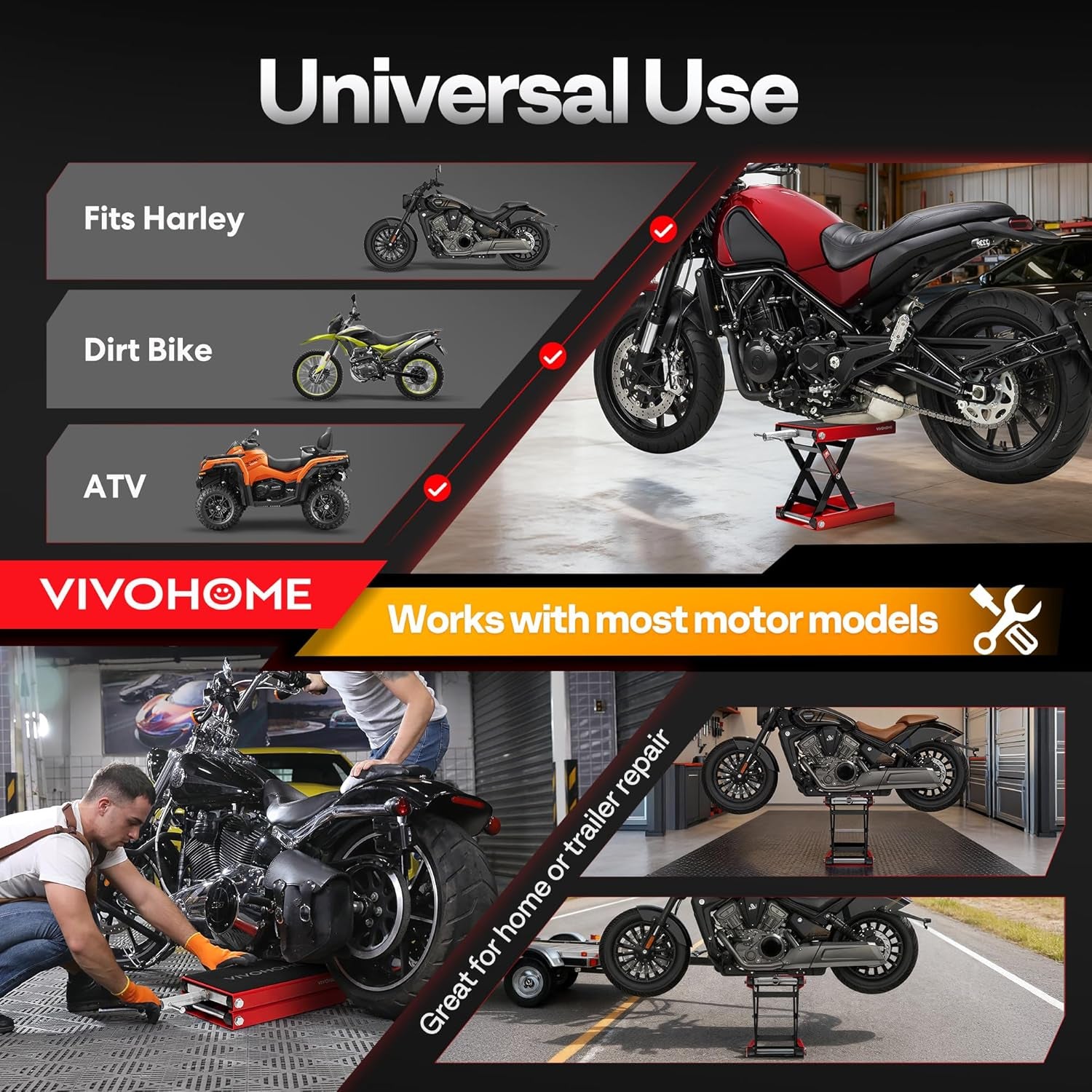 VIVOHOME 1100 LBS Heavy-Duty Motorcycle Lift Scissor Jack - Adjustable Height Hoist Stand for Cruisers, Dirt Bikes & ATVs - Durable Steel Construction in Red