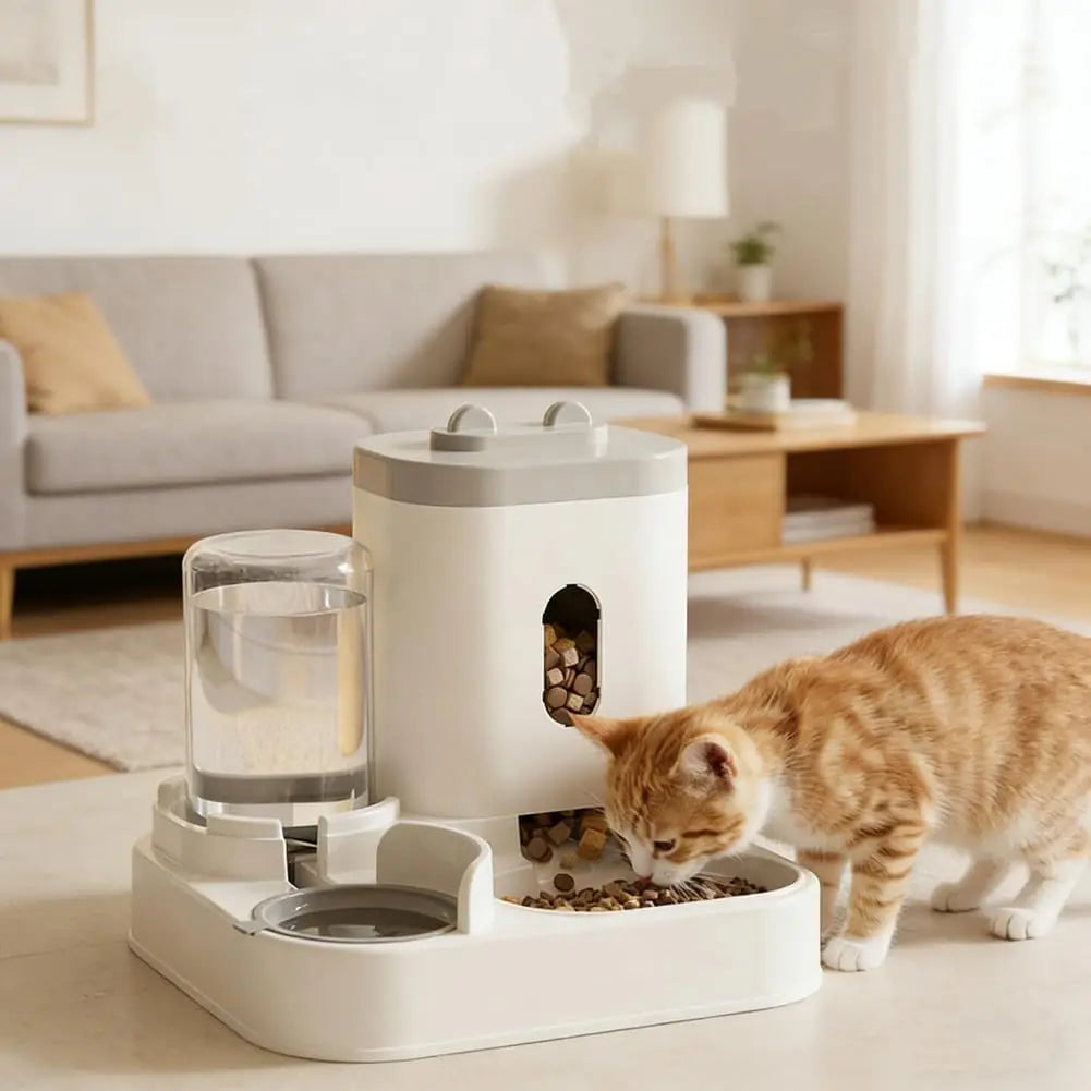 Automatic Pet Feeder and Water Fountain with Large Capacity Food Storage Dispenser for Dogs and Cats (Gray)